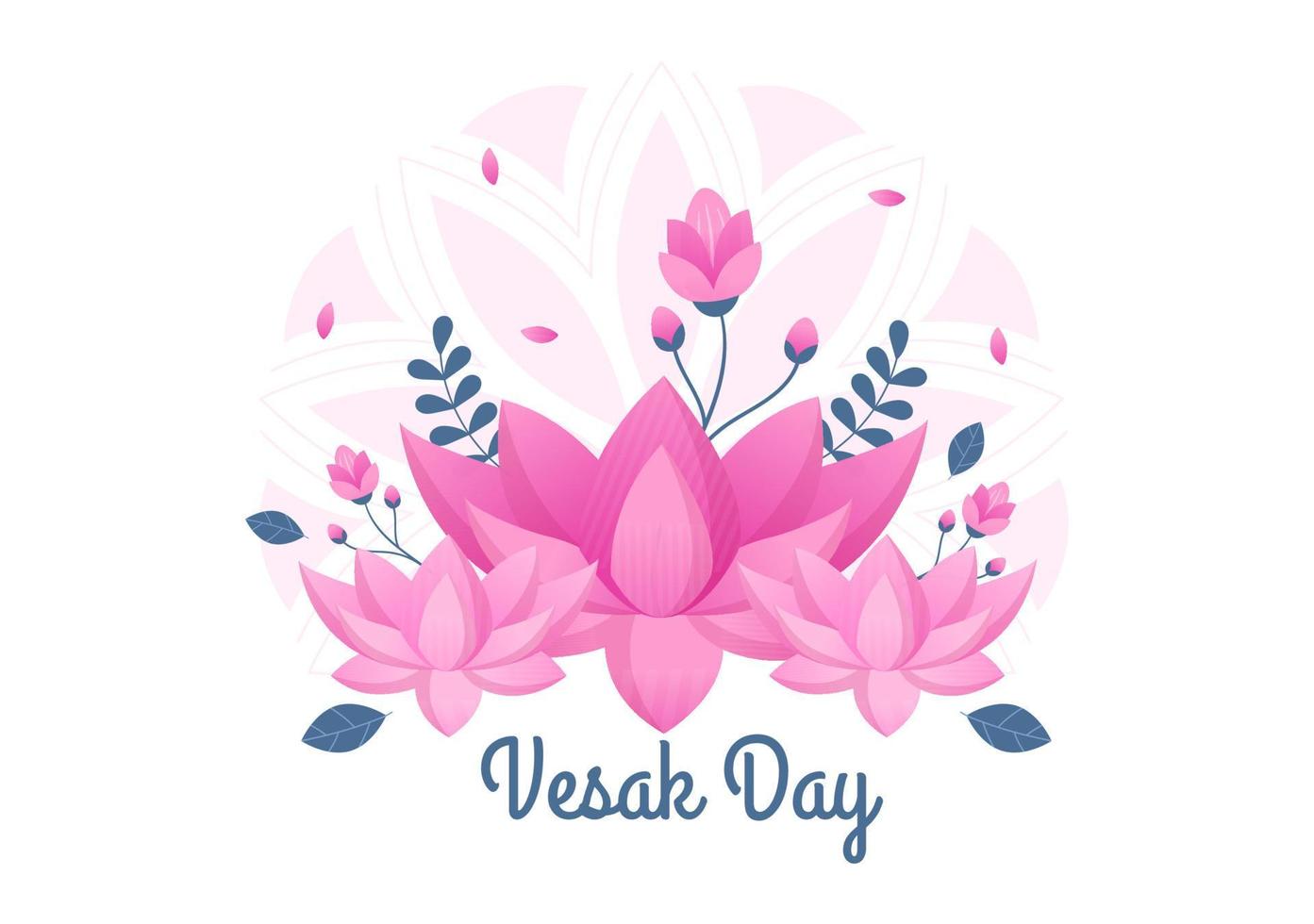 vesak-tagesfeier mit tempelsilhouette, laterne oder lotusblumendekoration in flacher karikaturhintergrundillustration für grußkarte oder poster vektor