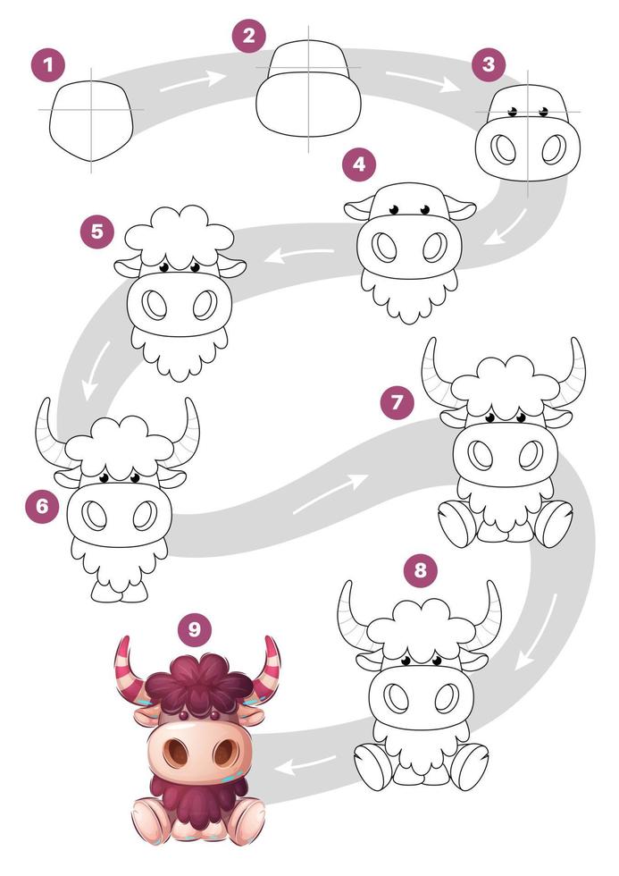 Zeichentrickfigur Kuhbulle zeichnen, Schritt-für-Schritt-Anleitung vektor