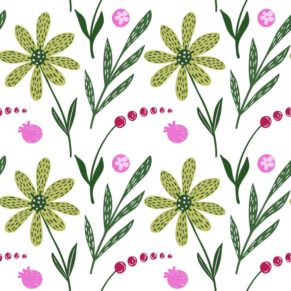 niedliches nahtloses Blumenmuster auf weißem Hintergrund. rosa und grüne blumen auf der wiese im gekritzelstil. vektor