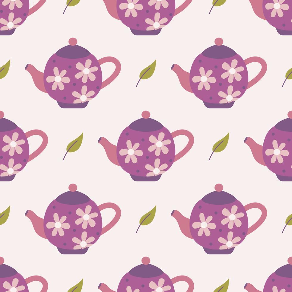 Keramische Teekanne mit Blumen und Blättern, Vektornahtloses Muster auf rosa Hintergrund vektor