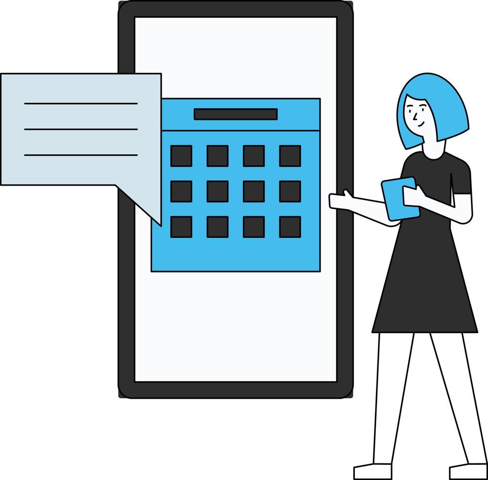 das mädchen überprüft den termin auf ihrem handy. vektor