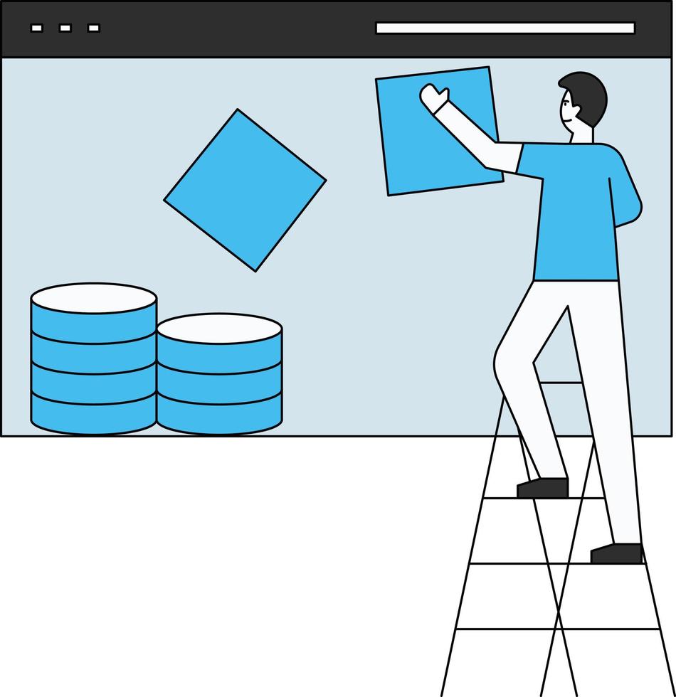 pojken arbetar på en webbsidadatabas. vektor