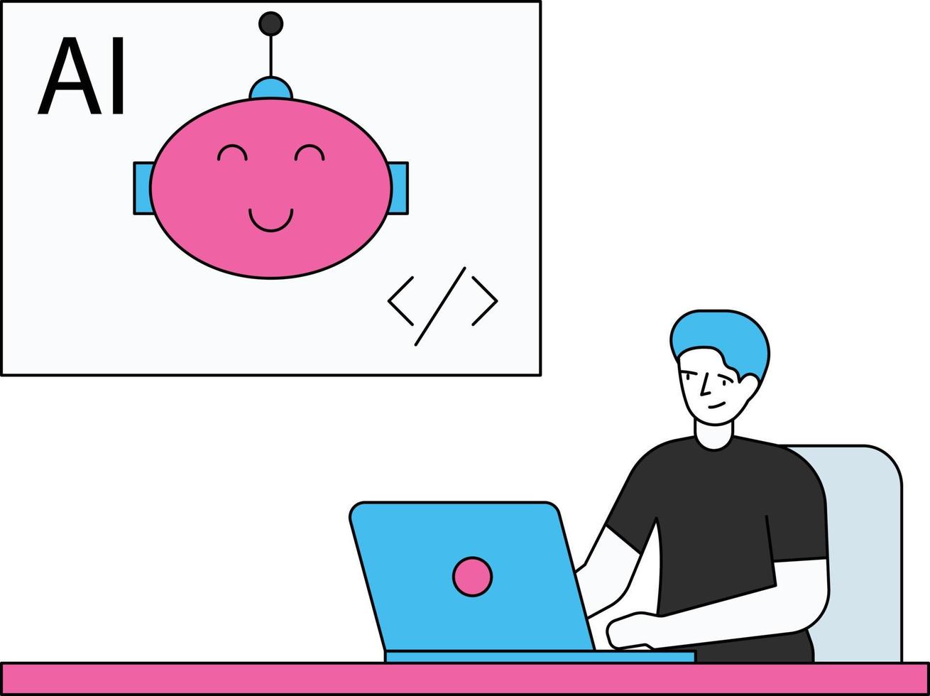 der junge arbeitet an der ai-codierung auf seinem laptop. vektor