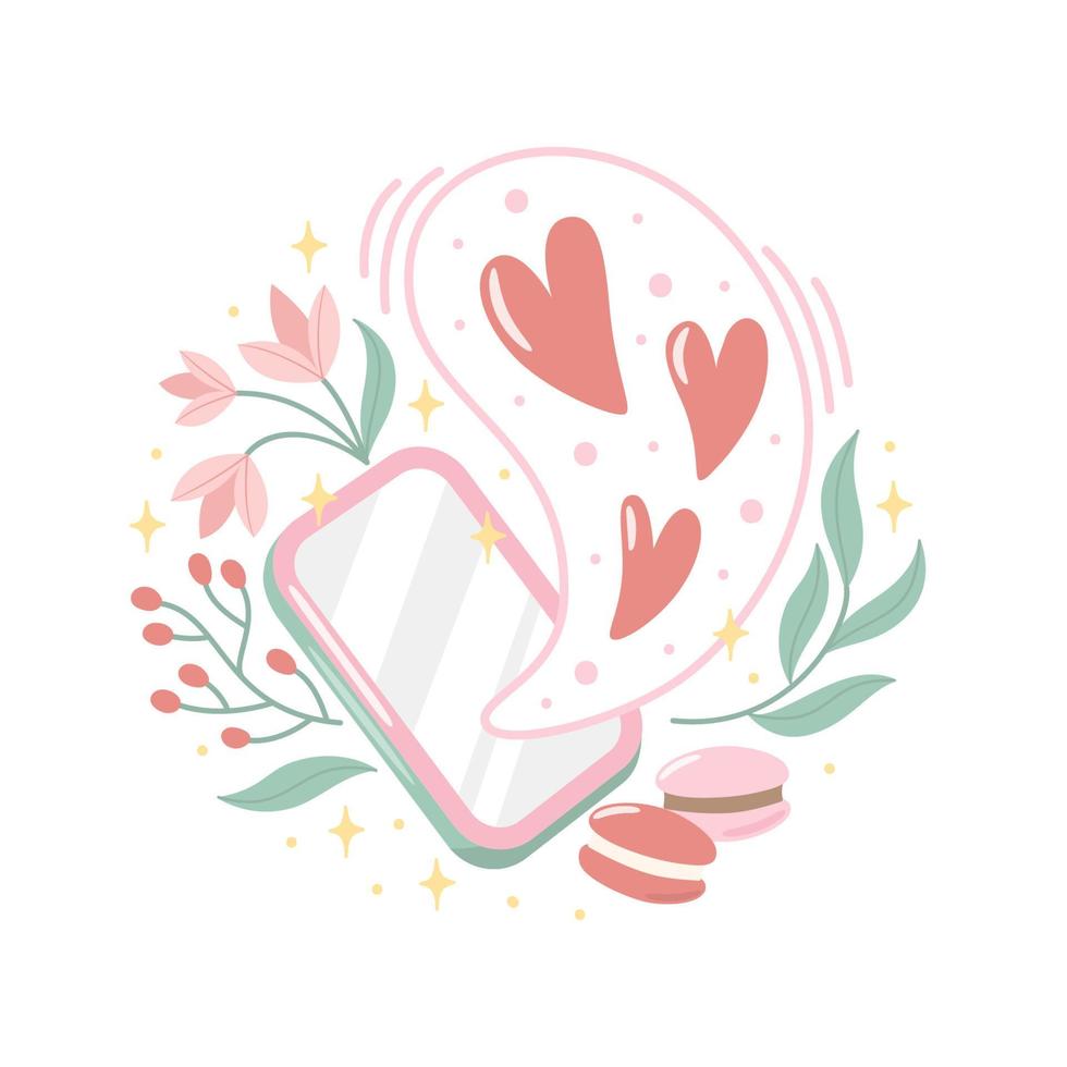 alla hjärtans dag illustration med mobiltelefon, meddelande, blommor och hjärtan. vektor