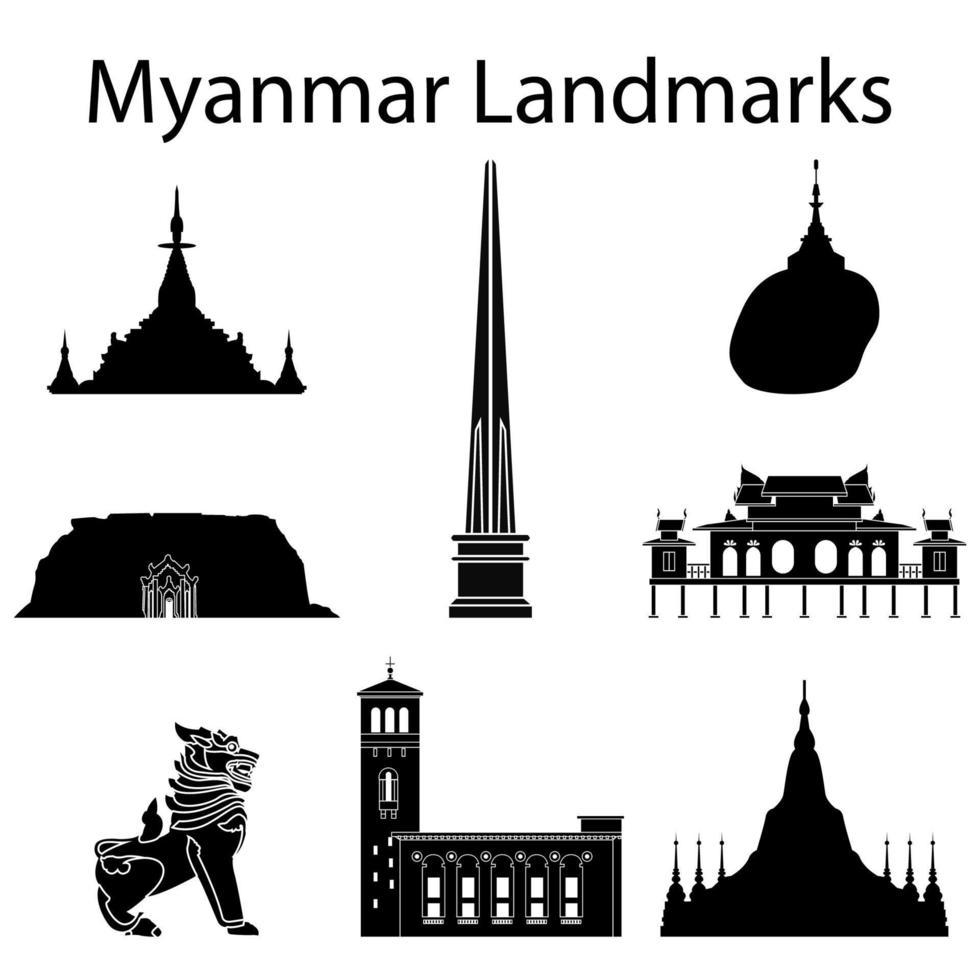 myanmar top berühmte wahrzeichen silhouette stil, reise und tourismus vektor