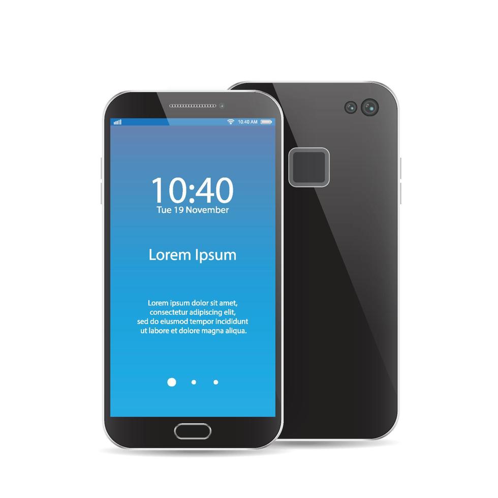 modernes schwarzes Smartphone isoliert. Vorder- und Rückseite der Vektor-Smartphone-Illustration. Handy Mockup Rückansicht. vektor