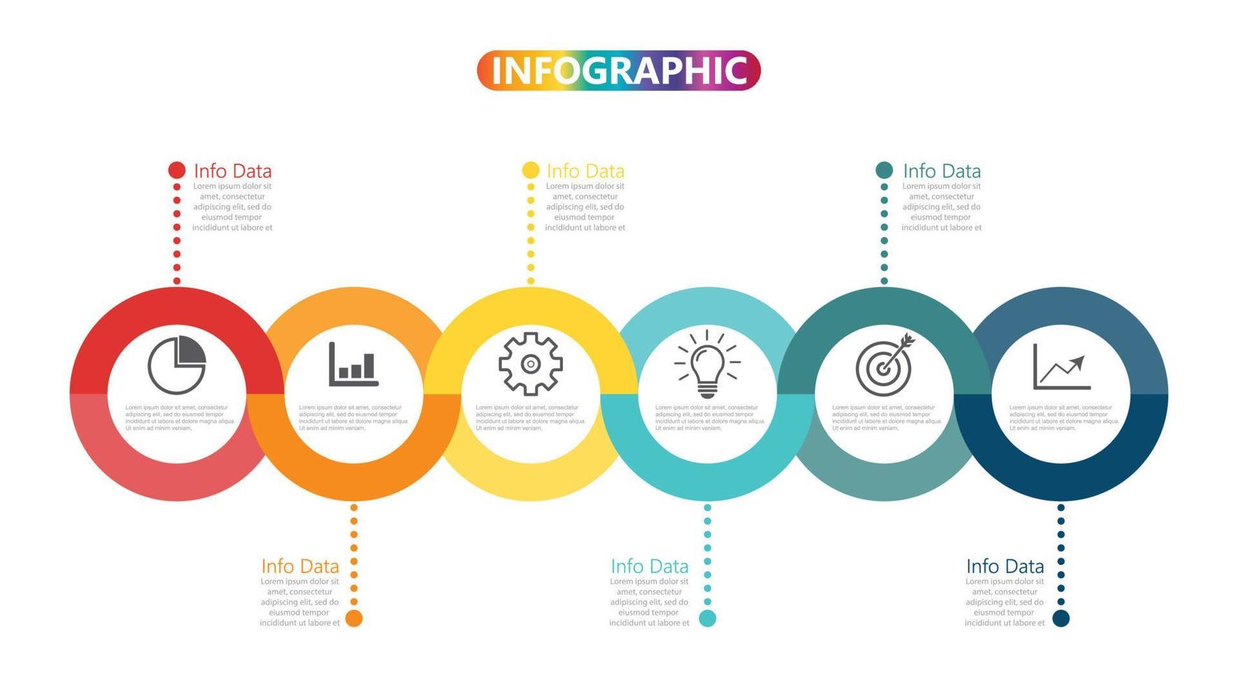 mall tidslinje infografisk färgad horisontell numrerad för sex positioner kan användas för arbetsflöde, banner, diagram, webbdesign, områdesdiagram vektor