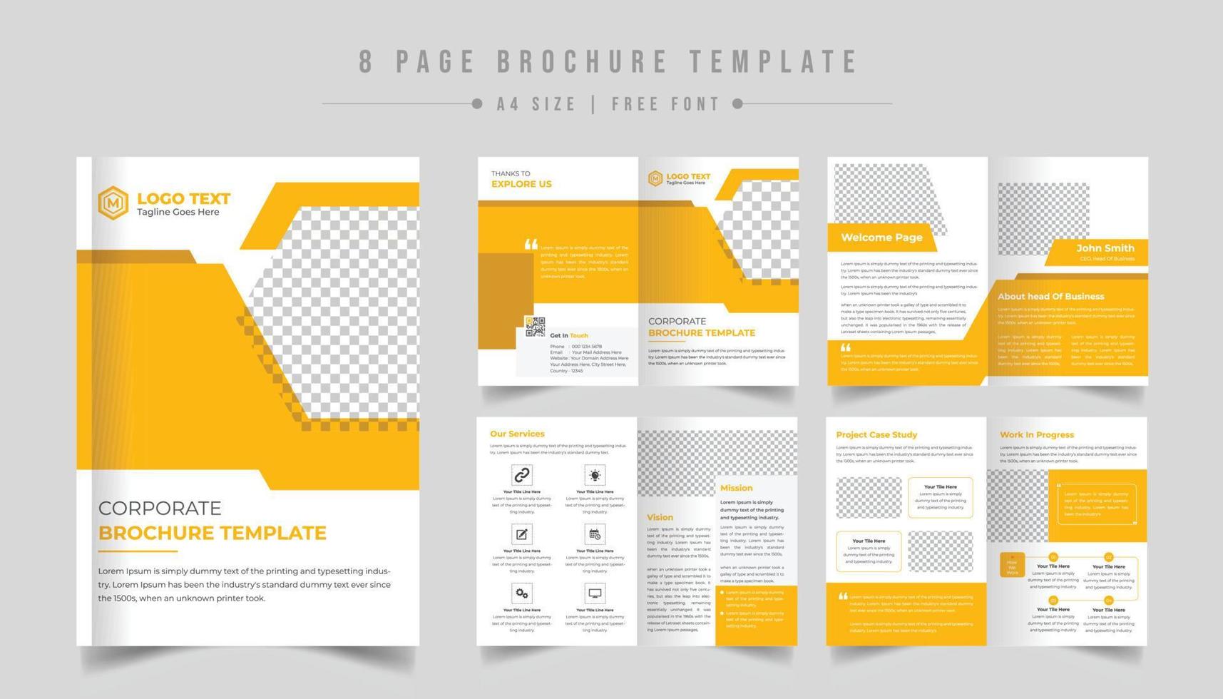 Vorlagendesign für Unternehmensbroschüren, 8-seitiges Layout für Unternehmensbroschüren, minimales Vorlagendesign für Geschäftsbroschüren, Projektvorschlag, Broschüre, Firmenprofil, Projektvorschlag, Unternehmen, Katalog, jährlich vektor