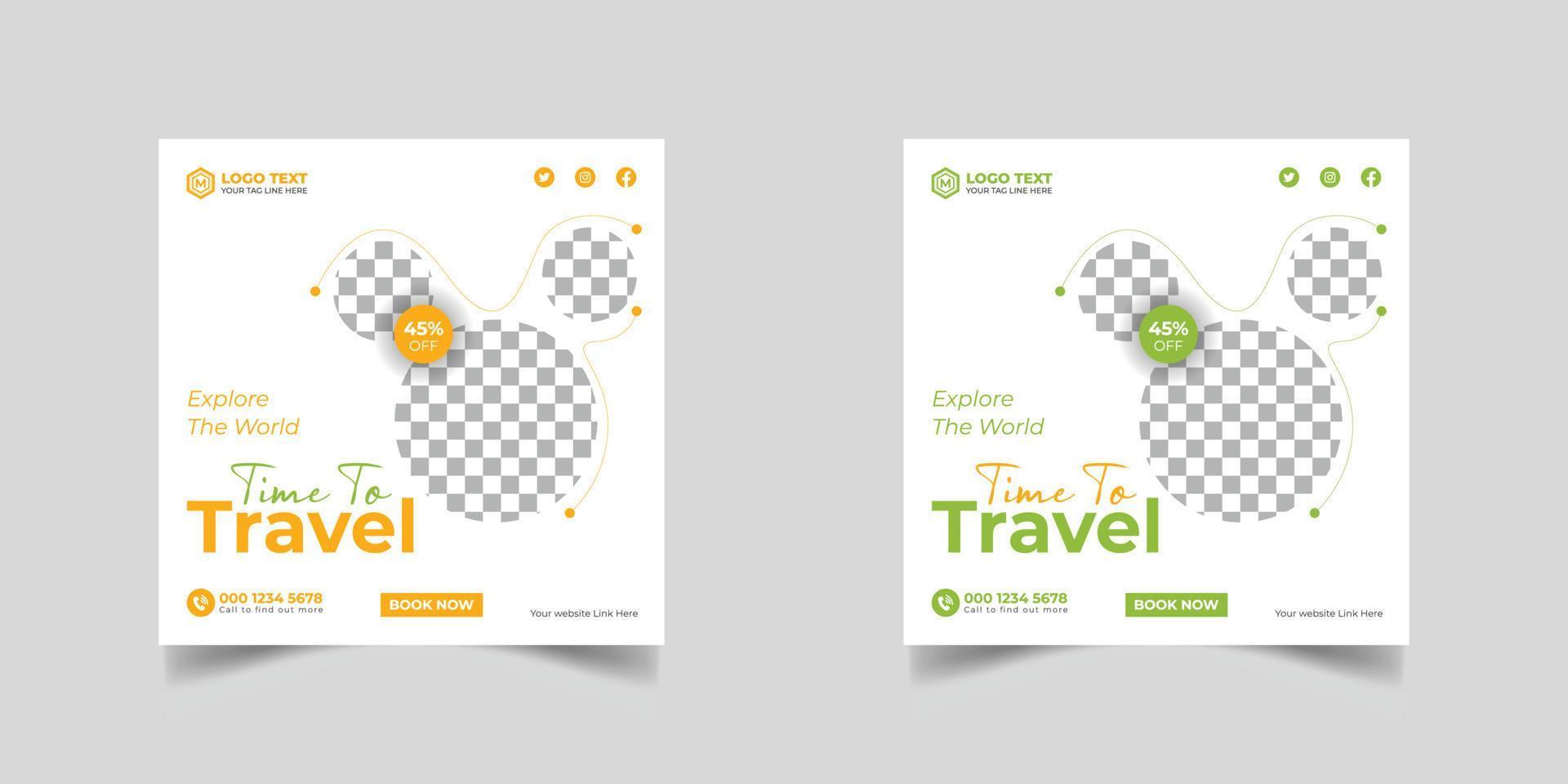 Reise-Social-Media-Post-Banner und Web-Banner-Vorlage oder quadratischer Flyer, Reise-Urlaubs-Urlaubsvorlagen-Design und Reise-Business-Banner vektor