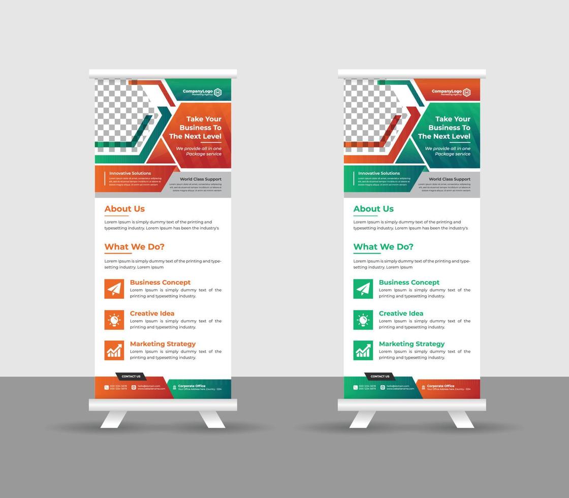 Business-Roll-Up-Banner-Stand-Template-Design, moderne tragbare Ständer Corporate-Roll-Up-Banner-Layout, Pull-Up, Vektorillustration, Business-Flyer, Broschüre, Firmenbanner vektor