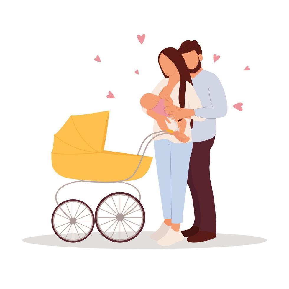 mama und papa gehen mit einem baby in einem kinderwagen spazieren. Stillen. mutter hält ihr neugeborenes baby. Vektor-Illustration vektor