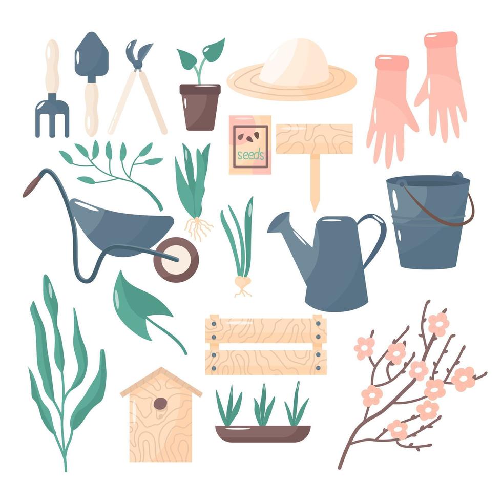 trädgårdsredskap och växter i tecknad stil. samling på temat trädgård och jordbruk. söt vektor illustration.