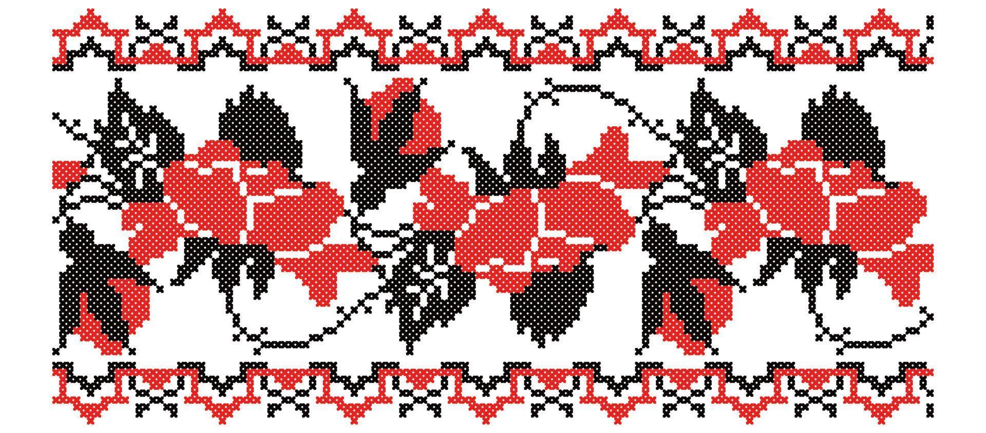 ukrainisches nationales Kreuzstich-Vektor-Ornament-Schema von Blumen mit Rahmen. schwarze und rote Abbildung vektor