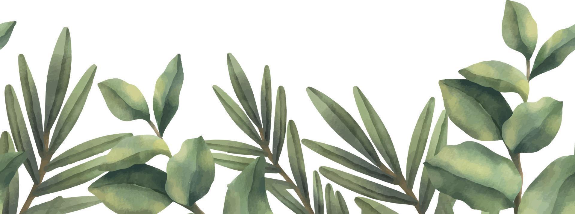 akvarell ram av gröna tropiska grenar. handmålad blommig kant med trädgrenar isolerad på vit bakgrund. vektor