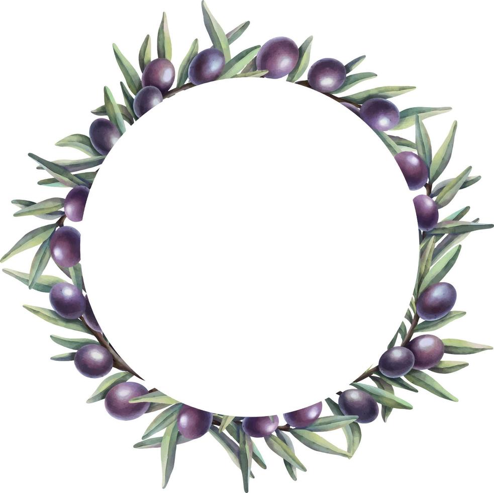 printakvarell krans av olivkvistar med frukt. handmålad blommig cirkel gränsen med oliv frukt och trädgrenar isolerad på vit bakgrund. vektor