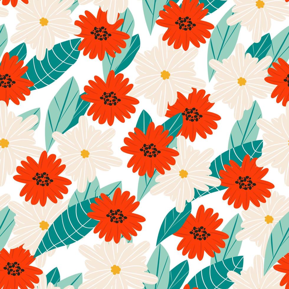 ljus sömlös blommig bakgrund. abstrakta blommor och blad. snyggt mönster för textilier, tyger, kort, förpackningar. vektor illustration, tecknad stil