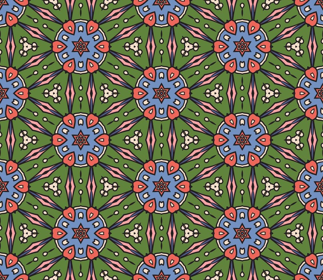 abstrakt färgglada doodle geometriska blomma seamless mönster. blommig bakgrund. kalejdoskop mosaik, geo kakel av tunn linje prydnad. vektor