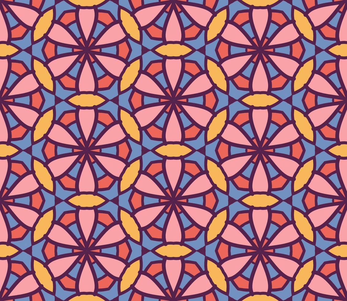 nahtloses muster der geometrischen blume des abstrakten bunten gekritzels. Blumenhintergrund. Kaleidoskop-Mosaik, Geo-Fliese aus dünner Linienverzierung. vektor