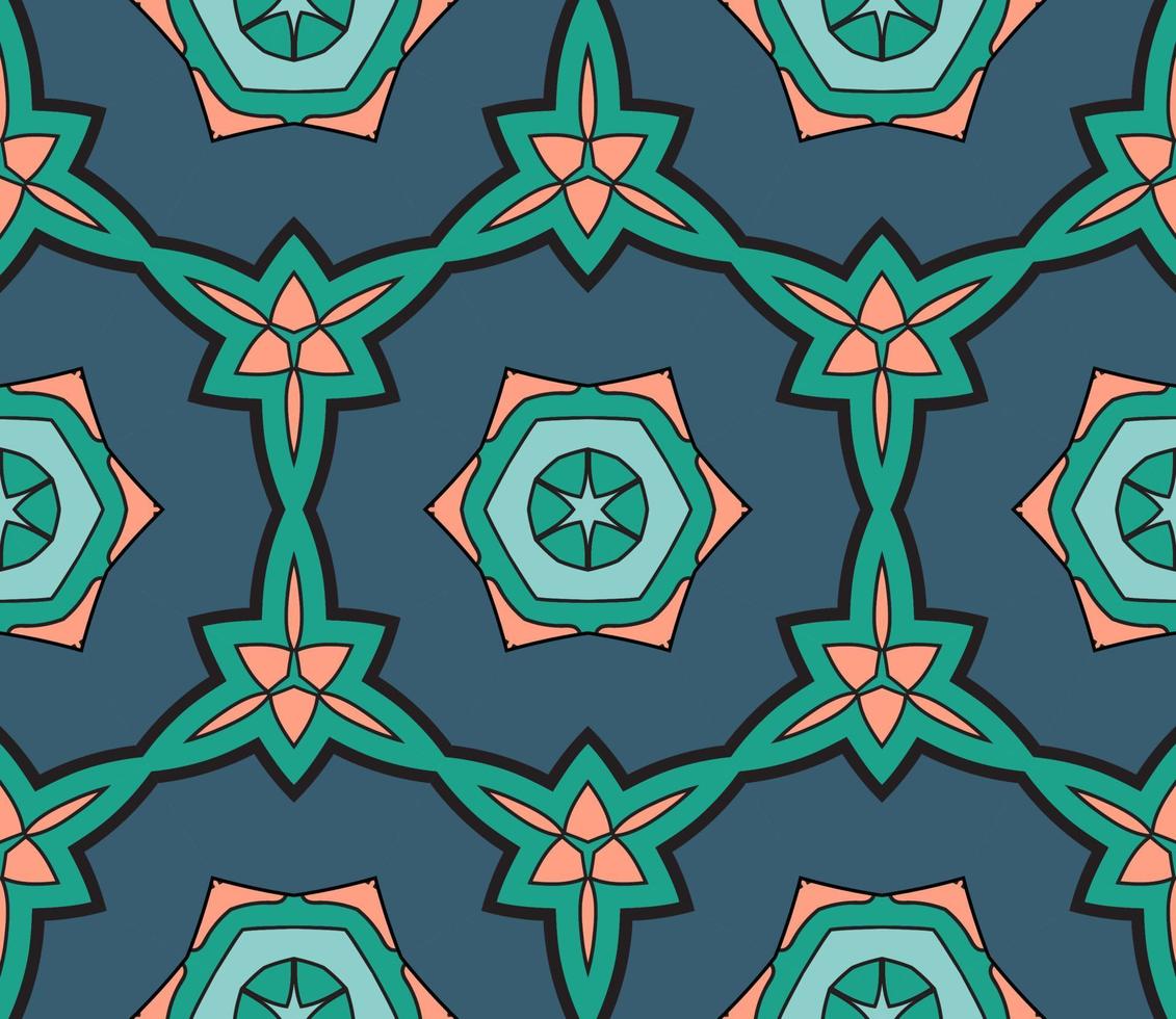 nahtloses muster der geometrischen blume des abstrakten bunten gekritzels. Blumenhintergrund. Kaleidoskop-Mosaik, Geo-Fliese aus dünner Linienverzierung. vektor