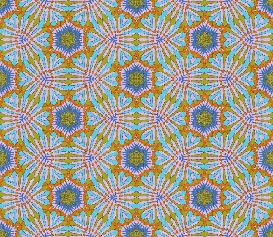 nahtloses muster der geometrischen blume des abstrakten bunten gekritzels. Blumenhintergrund. Kaleidoskop-Mosaik, Geo-Fliese aus dünner Linienverzierung. vektor