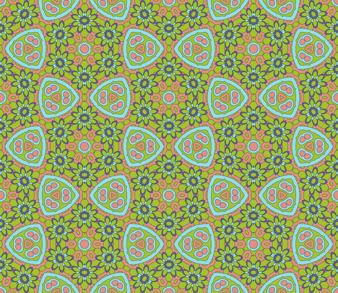 nahtloses muster der geometrischen blume des abstrakten bunten gekritzels. Blumenhintergrund. Kaleidoskop-Mosaik, Geo-Fliese aus dünner Linienverzierung. vektor