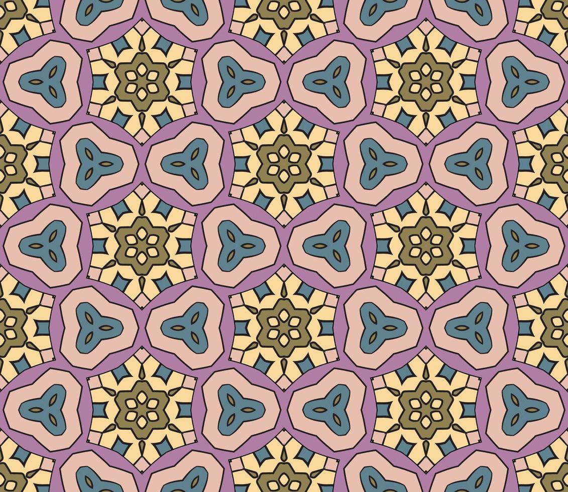 nahtloses muster der geometrischen blume des abstrakten bunten gekritzels. Blumenhintergrund. Kaleidoskop-Mosaik, Geo-Fliese aus dünner Linienverzierung. vektor