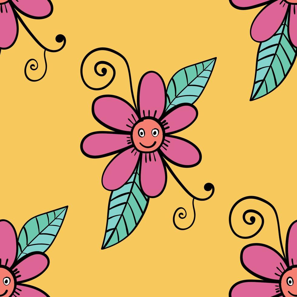 buntes Cartoon-Doodle florales nahtloses Muster. Hintergrund der Blumenfiguren. vektor