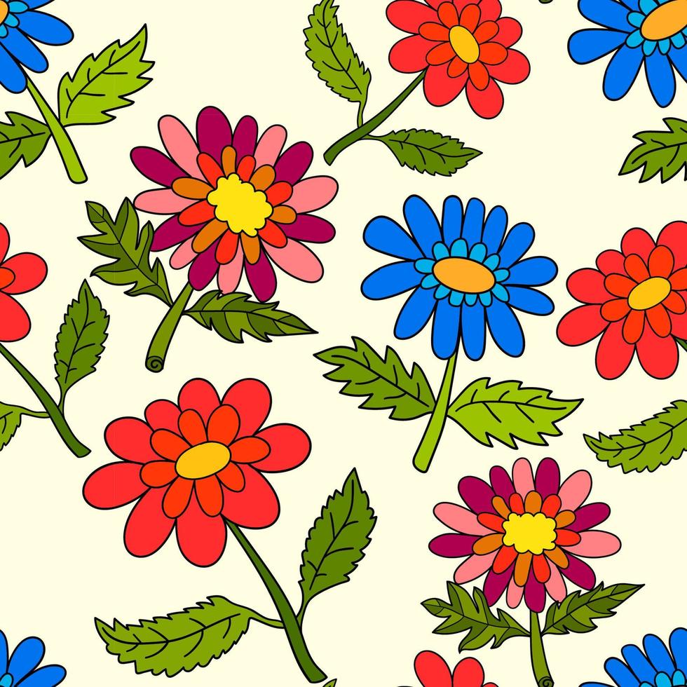 Nahtloses Muster mit bunten Fantasy-Doodle-Cartoon-Blumen, Blumenpackpapier, Hintergrund. vektor