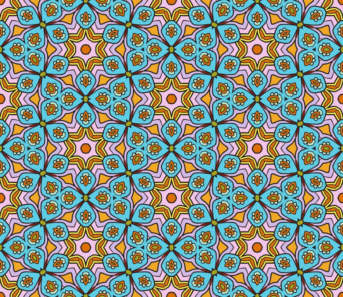 nahtloses muster der geometrischen blume des abstrakten bunten gekritzels. Blumenhintergrund. Kaleidoskop-Mosaik, Geo-Fliese aus dünner Linienverzierung. vektor