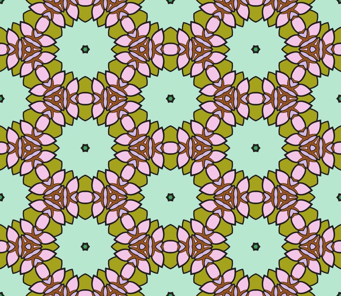 nahtloses muster der geometrischen blume des abstrakten bunten gekritzels. Blumenhintergrund. Kaleidoskop-Mosaik, Geo-Fliese aus dünner Linienverzierung. vektor