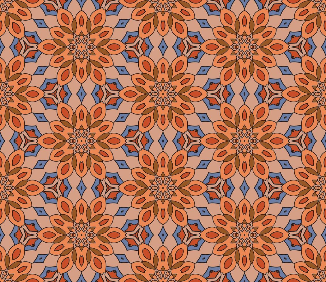 nahtloses muster der geometrischen blume des abstrakten bunten gekritzels. Blumenhintergrund. Kaleidoskop-Mosaik, Geo-Fliese aus dünner Linienverzierung. vektor