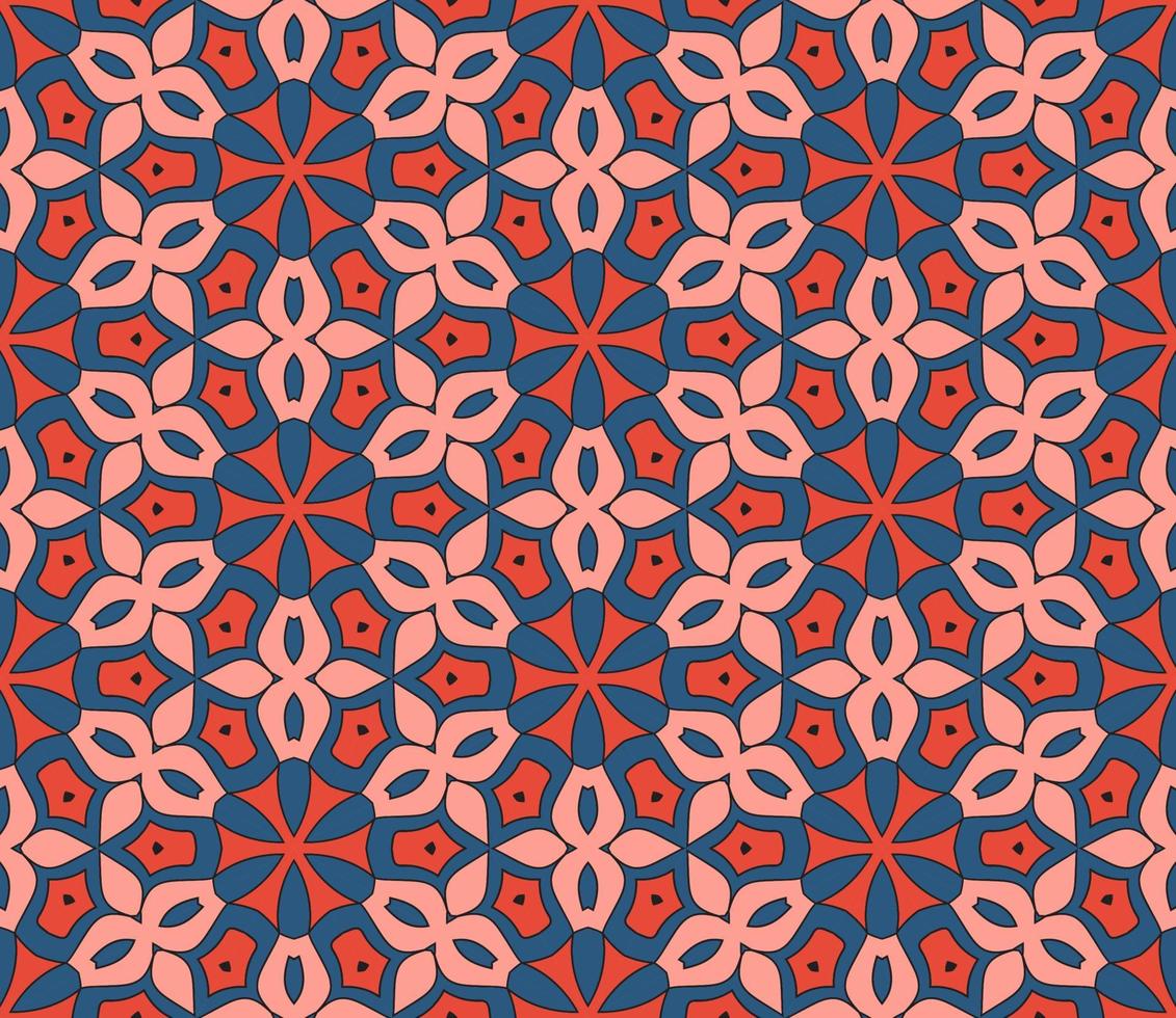 nahtloses muster der geometrischen blume des abstrakten bunten gekritzels. Blumenhintergrund. Kaleidoskop-Mosaik, Geo-Fliese aus dünner Linienverzierung. vektor