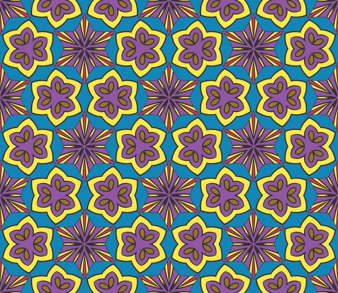 nahtloses muster der geometrischen blume des abstrakten bunten gekritzels. Blumenhintergrund. Kaleidoskop-Mosaik, Geo-Fliese aus dünner Linienverzierung. vektor