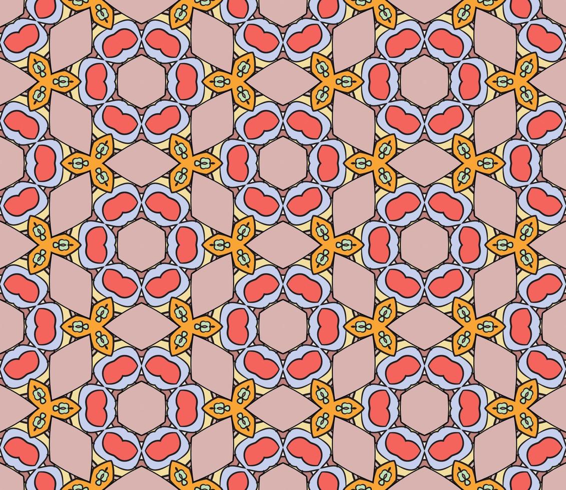 nahtloses muster der geometrischen blume des abstrakten bunten gekritzels. Blumenhintergrund. Kaleidoskop-Mosaik, Geo-Fliese aus dünner Linienverzierung. vektor