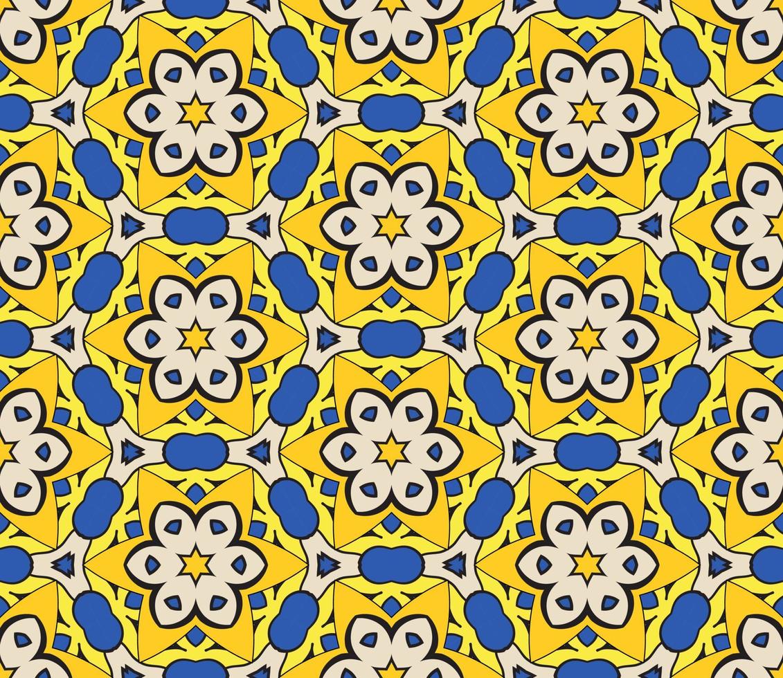 nahtloses muster der geometrischen blume des abstrakten bunten gekritzels. Blumenhintergrund. Kaleidoskop-Mosaik, Geo-Fliese aus dünner Linienverzierung. vektor