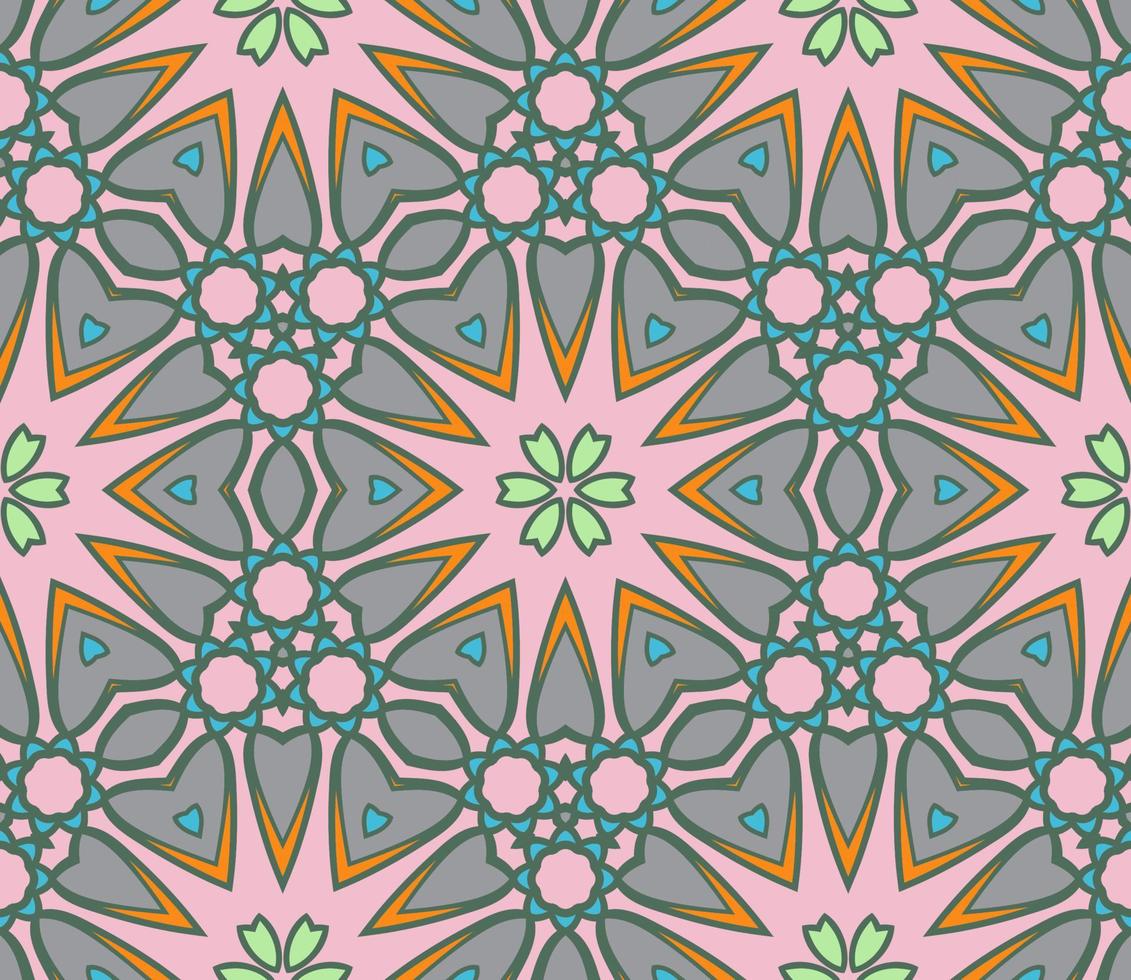 nahtloses muster der geometrischen blume des abstrakten bunten gekritzels. Blumenhintergrund. Kaleidoskop-Mosaik, Geo-Fliese aus dünner Linienverzierung. vektor