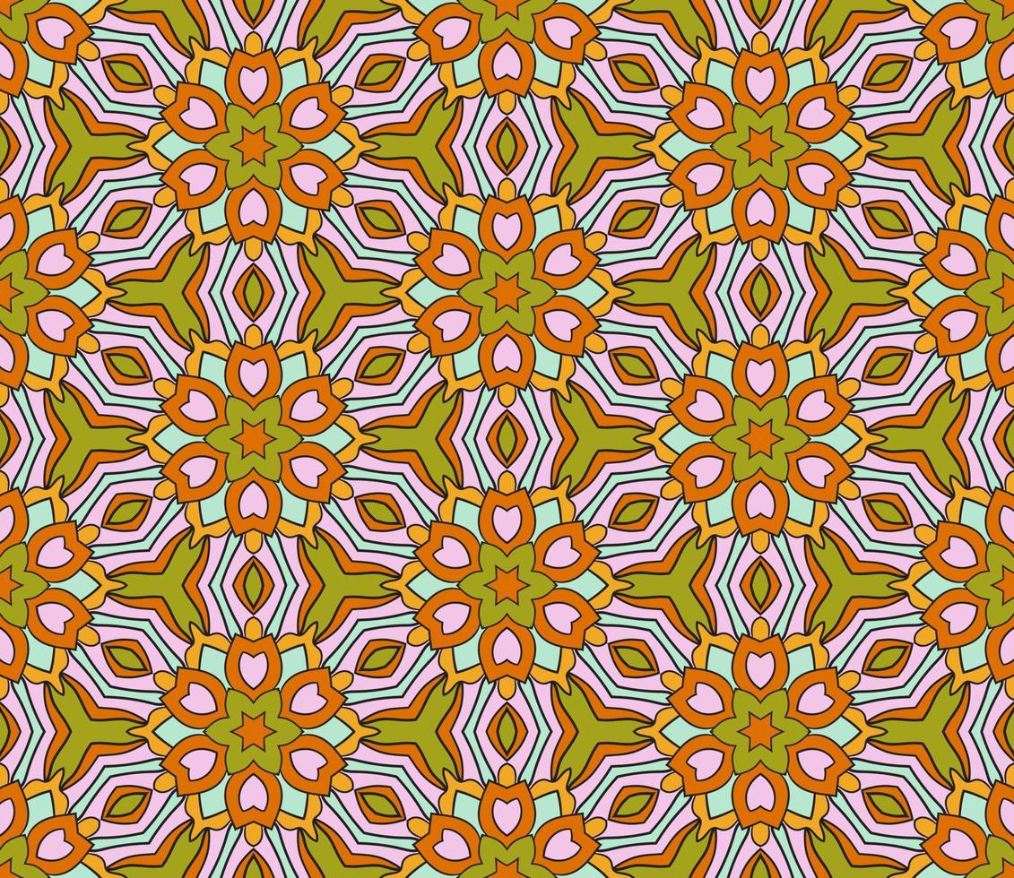 nahtloses muster der geometrischen blume des abstrakten bunten gekritzels. Blumenhintergrund. Kaleidoskop-Mosaik, Geo-Fliese aus dünner Linienverzierung. vektor