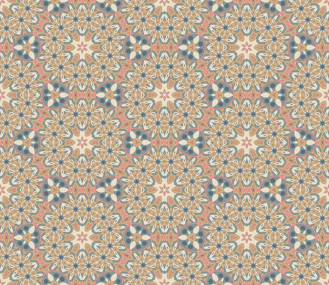 nahtloses muster der geometrischen blume des abstrakten bunten gekritzels. Blumenhintergrund. Kaleidoskop-Mosaik, Geo-Fliese aus dünner Linienverzierung. vektor