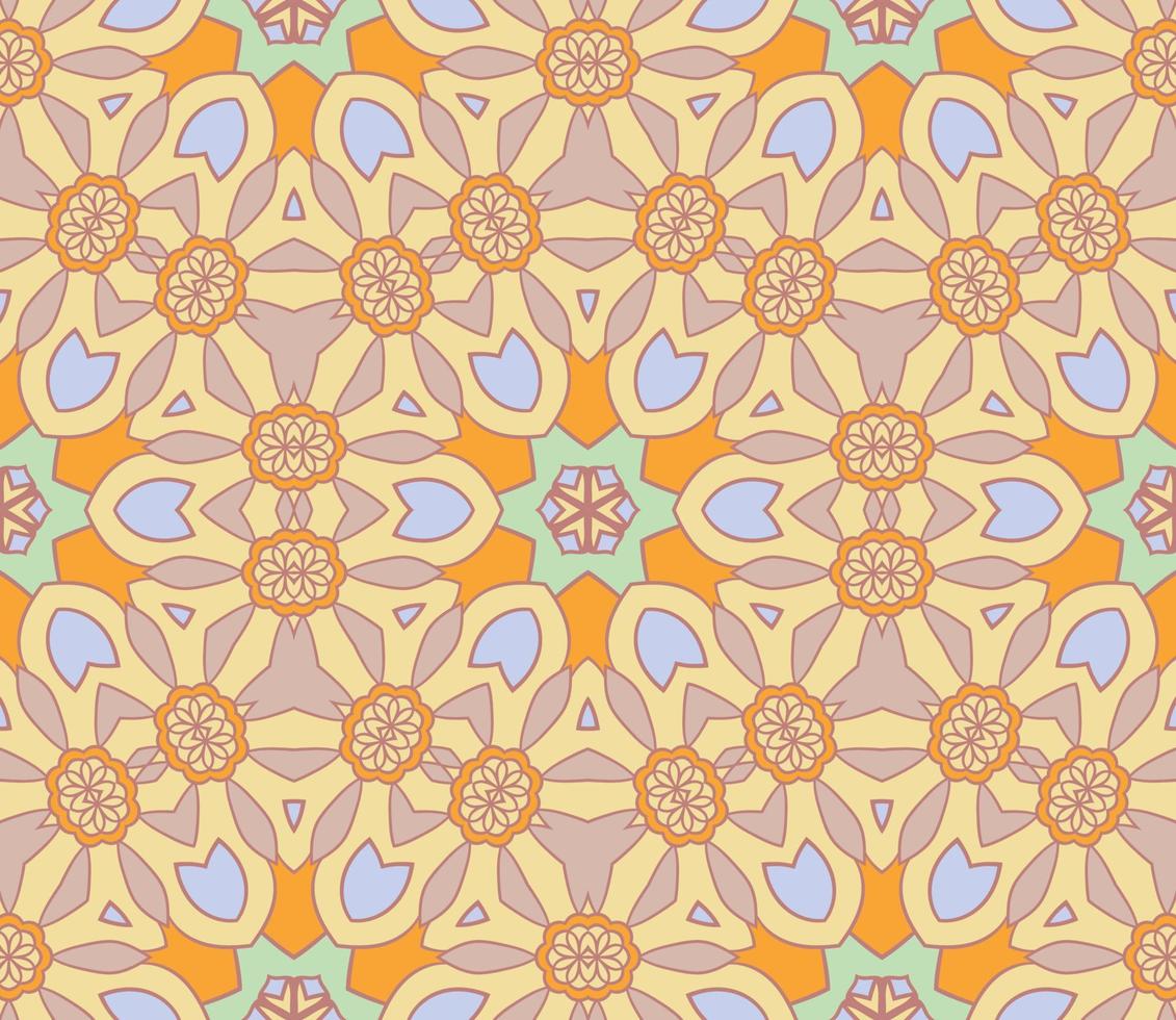 nahtloses muster der geometrischen blume des abstrakten bunten gekritzels. Blumenhintergrund. Kaleidoskop-Mosaik, Geo-Fliese aus dünner Linienverzierung. vektor