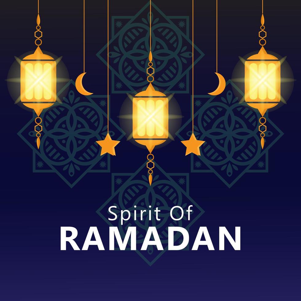 Geist des Ramadan-Vektorposters. Laternen, Sterne und Monde über dekorativem Hintergrund. Grußkarte vektor