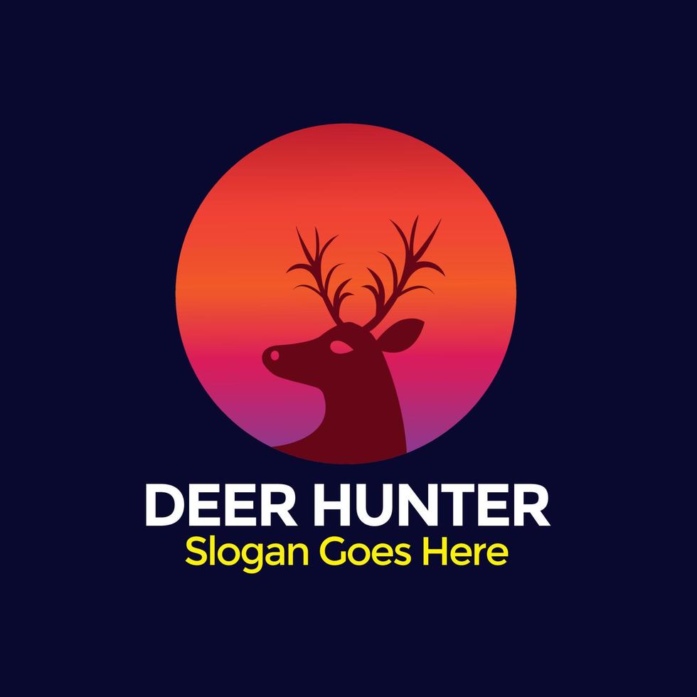 deer hunter logotyp formgivningsmall. vektor illustration av hjorthuvud siluett på cirkel, nattmåne koncept. hunter club, hjortjakt, djur vilda symbolikon