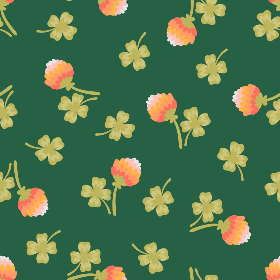 vierblättriges Kleeblatt mit nahtlosem Muster des rosa Blumenvektors. Glücksklee vier Blütenblätter Cartoon-Textur. Kleeblatt für st. patrick's day, niedlicher handgezeichneter floraler hintergrund für stoff, tapeten, wickelpapier vektor