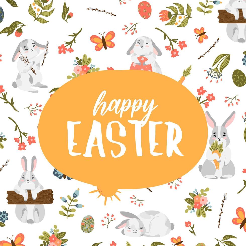 glad påsk vektorkort med ägg, vårblommor, kanin. handritad vårmall för vykort, flygblad, banderoller. vektor