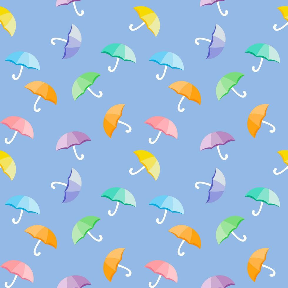 nahtloser Hintergrund mit verschiedenen farbigen Regenschirmmustern auf blauem Hintergrund. vektor