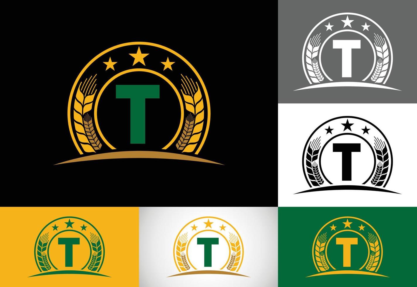 initial t-monogramalfabetsymboldesign inkorporerad med vete, korn eller råg. jordbruk logotyp koncept. logotyp för jordbruksföretag och företagsidentitet vektor