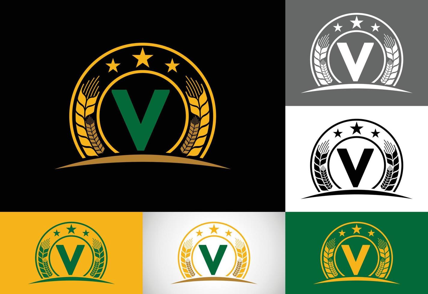 initial v monogramalfabetsymboldesign inkorporerad med vete, korn eller råg. jordbruk logotyp koncept. logotyp för jordbruksföretag och företagsidentitet vektor