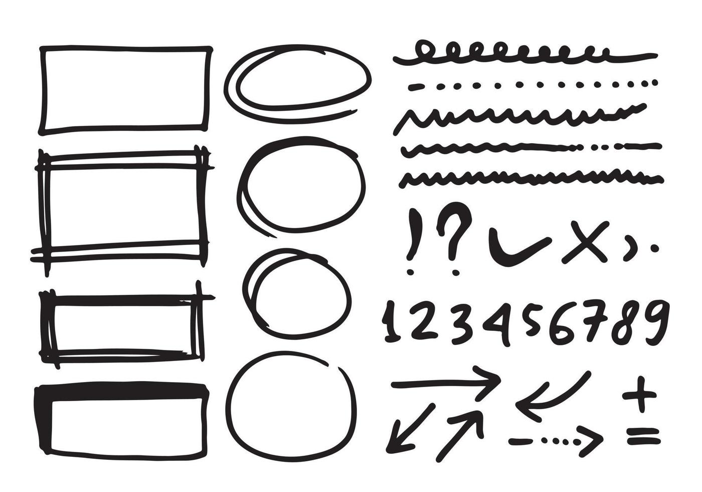 gekritzelvektorlinien und kurven. handgezeichnete scheck- und pfeilzeichen. satz einfacher kritzellinien, kurven, rahmen und punkte. Sammlung von Bleistifteffekten. Doodle-Grenze. einfaches Doodle-Set. vektor