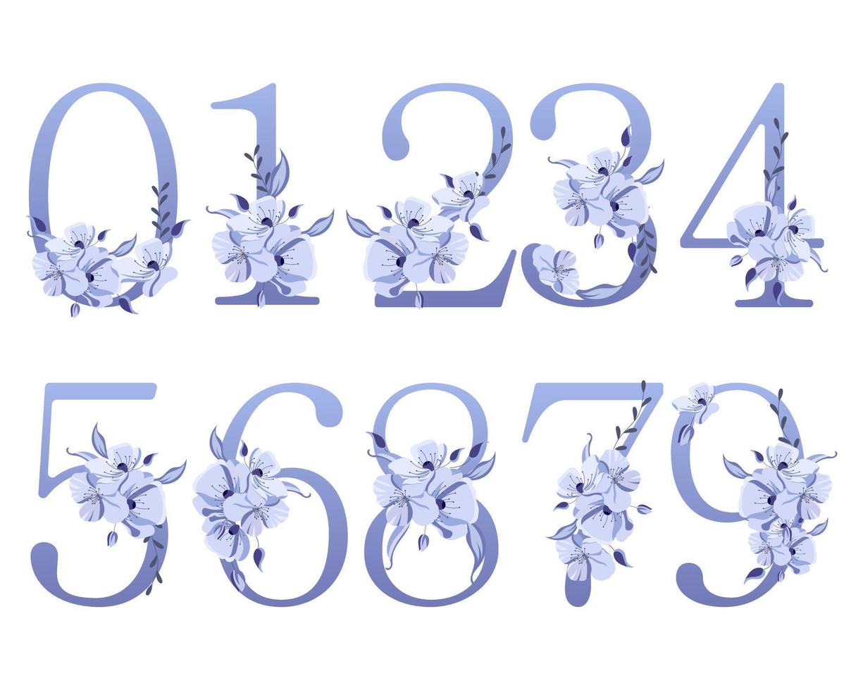eine Reihe von Zahlen, die mit Blumensträußen geschmückt sind. Zahlen mit Blumen in lila Tönen. festliches design, symbole, dekorelemente für karten und einladungen vektor