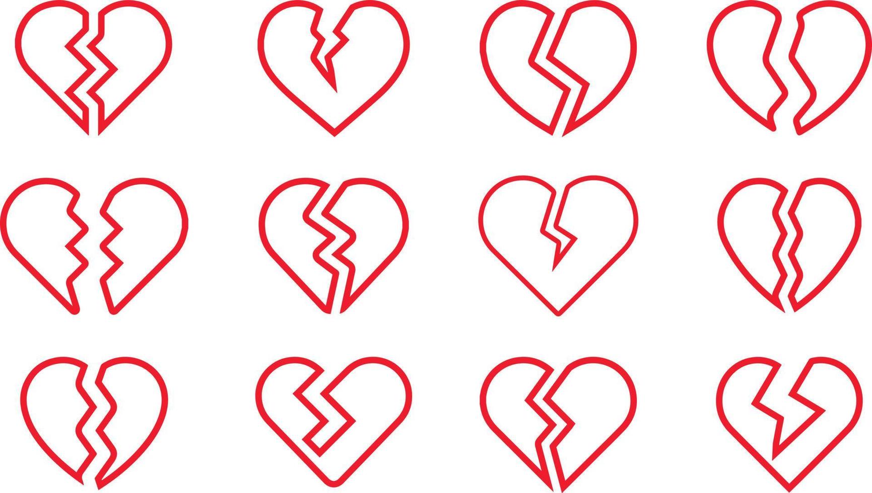röd linje brutet hjärta set. trasiga hjärtformade symboler. vektor