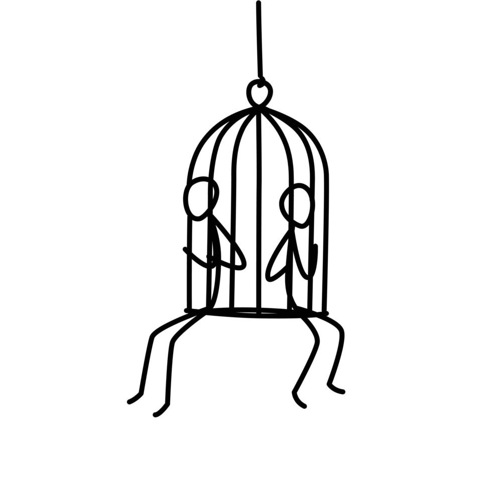 illustration av två personer som sitter i en bur. vektor. fångarna är män i en bur. slavhandeln och migranternas illegala arbete. liknelse. konturbild. frihetsberövande. vektor